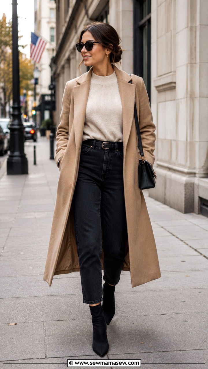 Mom jeans with a longline coat and ankle boots - 25 Petite outfit ideas with mom jeans