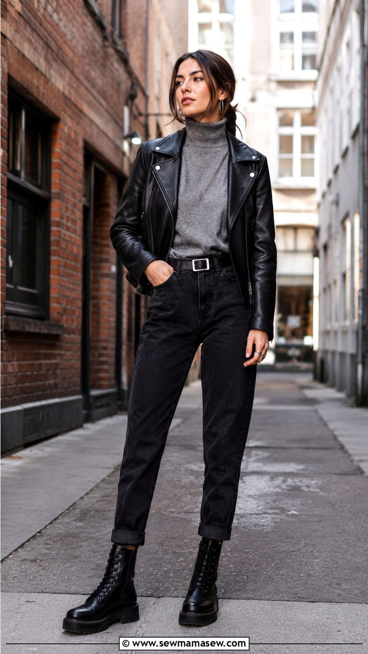 Mom jeans with a mock neck sweater and combat boots - 30 Mom jeans outfit ideas with a sweater