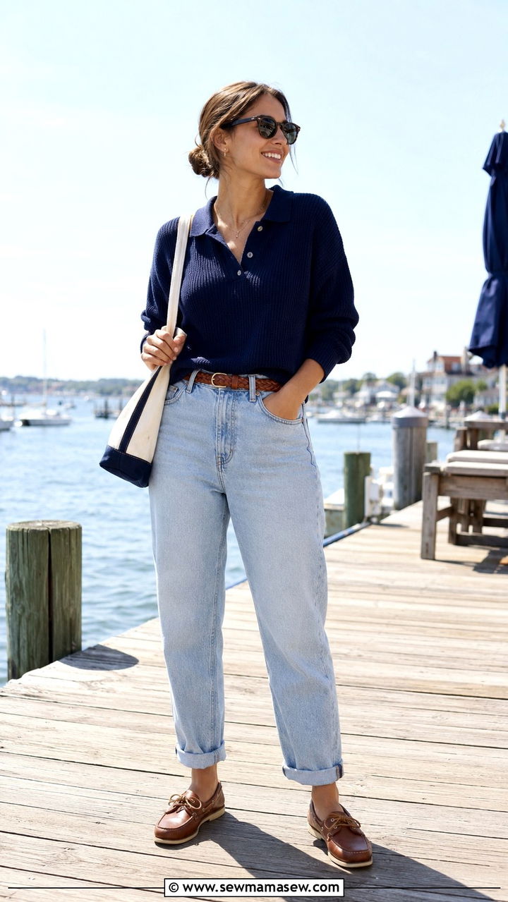Mom jeans with a polo collar sweater and boat shoes - 30 Mom jeans outfit ideas with a sweater