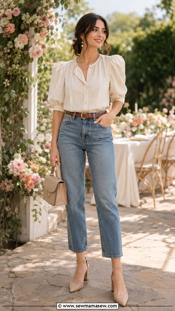 Mom jeans with a puff sleeve blouse and block heels - 25 Petite outfit ideas with mom jeans