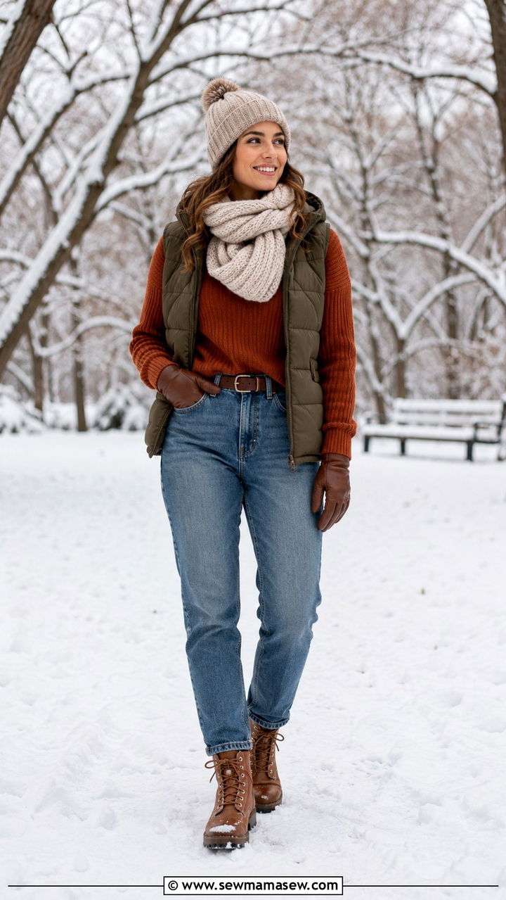Mom jeans with a ribbed crewneck and puffer vest - 30 Mom jeans outfit ideas with a sweater
