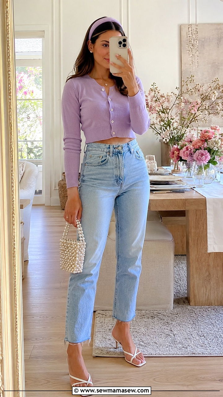 Mom jeans with a shrunken cardigan and kitten heels - 30 Mom jeans outfit ideas with a sweater
