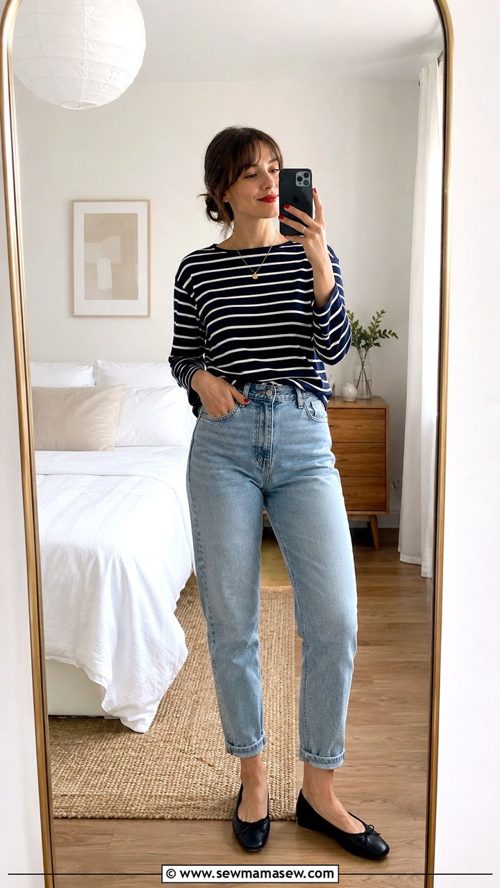 Mom jeans with a striped boatneck sweater and ballet flats - 30 Mom jeans outfit ideas with a sweater