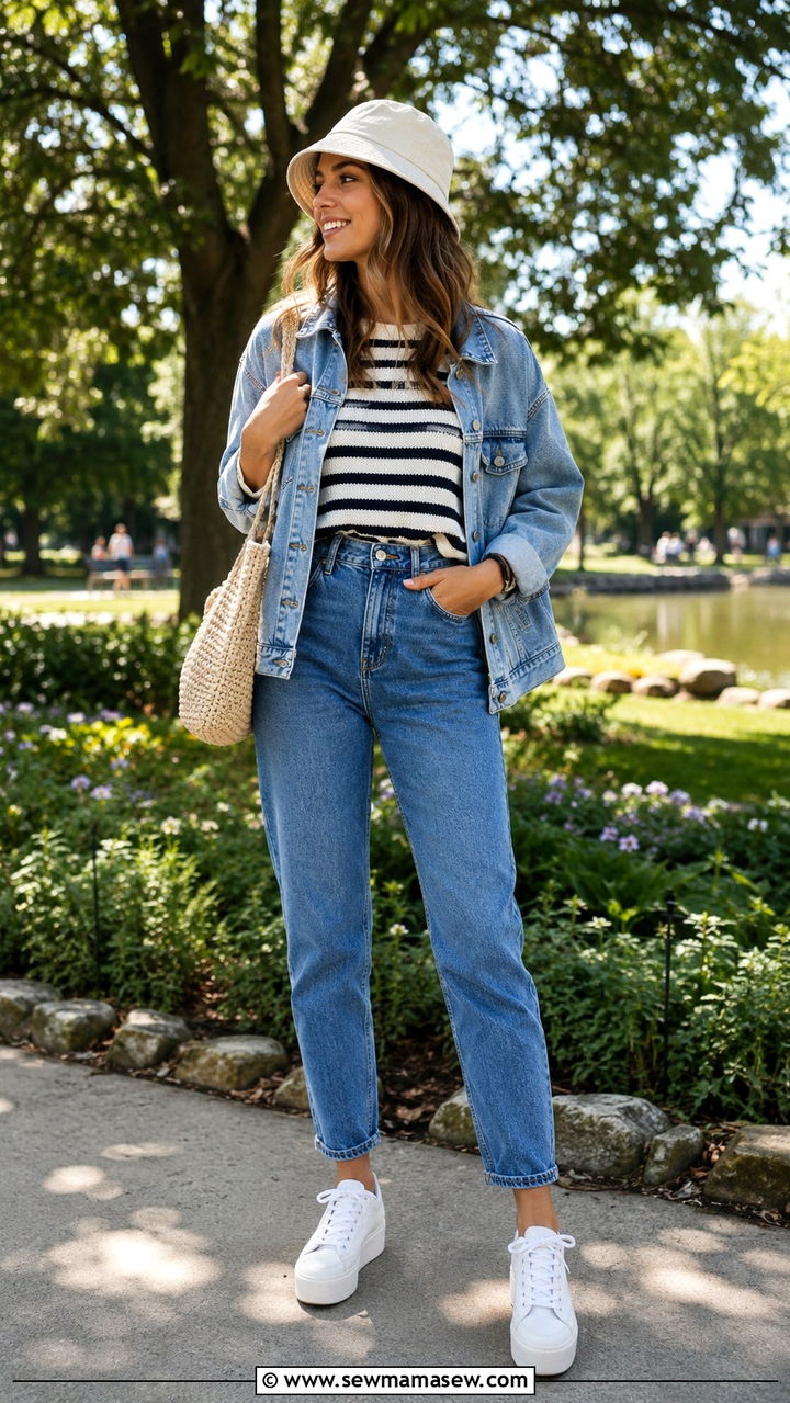 Mom jeans with a striped sweater and denim jacket - 30 Mom jeans outfit ideas with a sweater