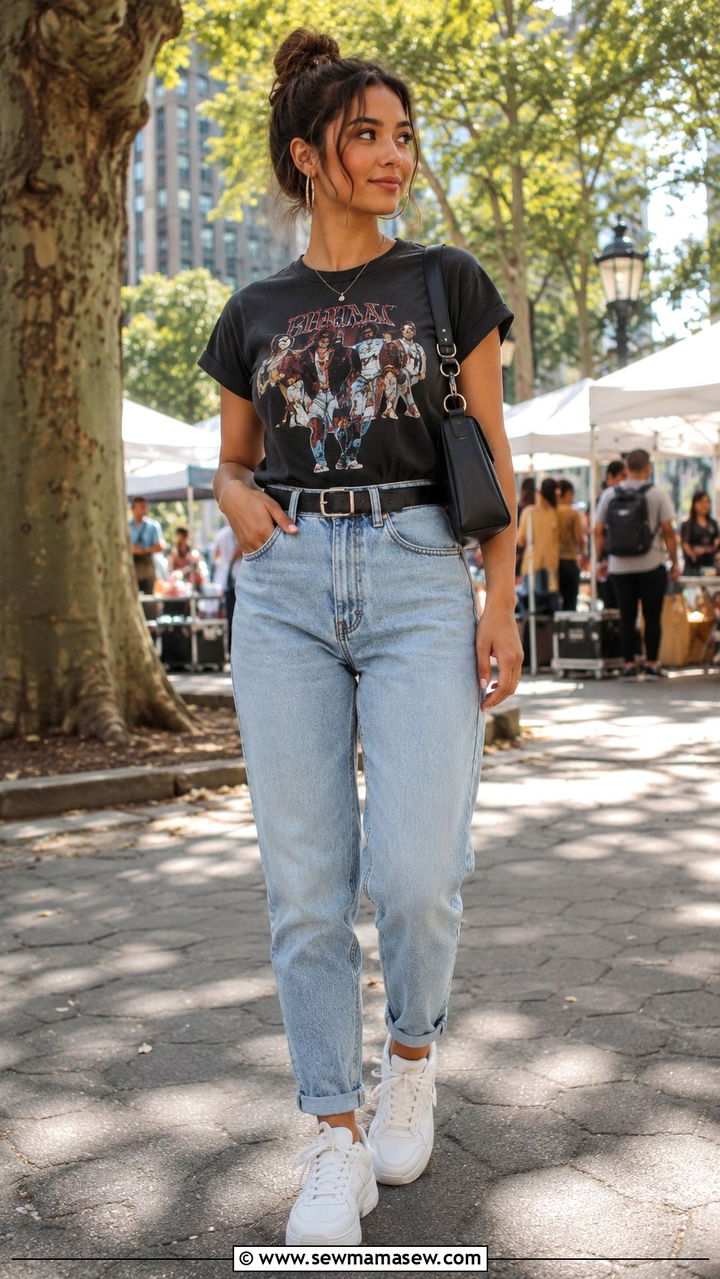 Mom jeans with a tucked in graphic tee and chunky sneakers - 25 Petite outfit ideas with mom jeans
