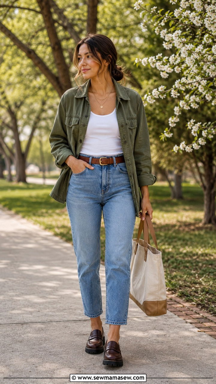 Mom jeans with a utility shirt jacket and lug sole loafers - 25 Petite outfit ideas with mom jeans