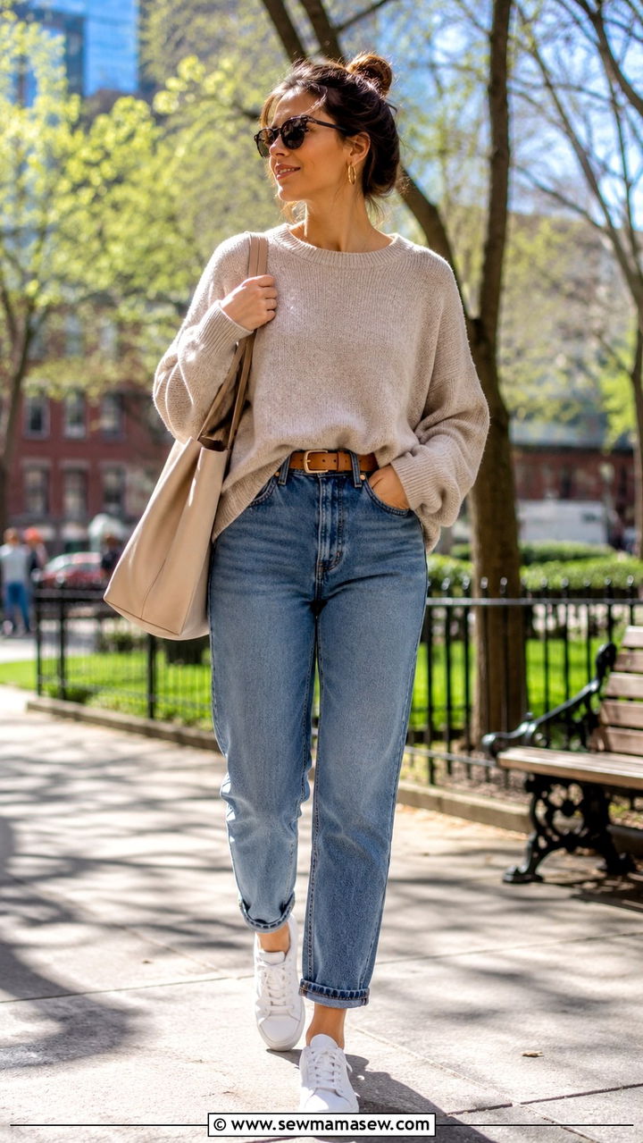 Mom jeans with an oversized sweater and white sneakers - 30 Mom jeans outfit ideas with a sweater