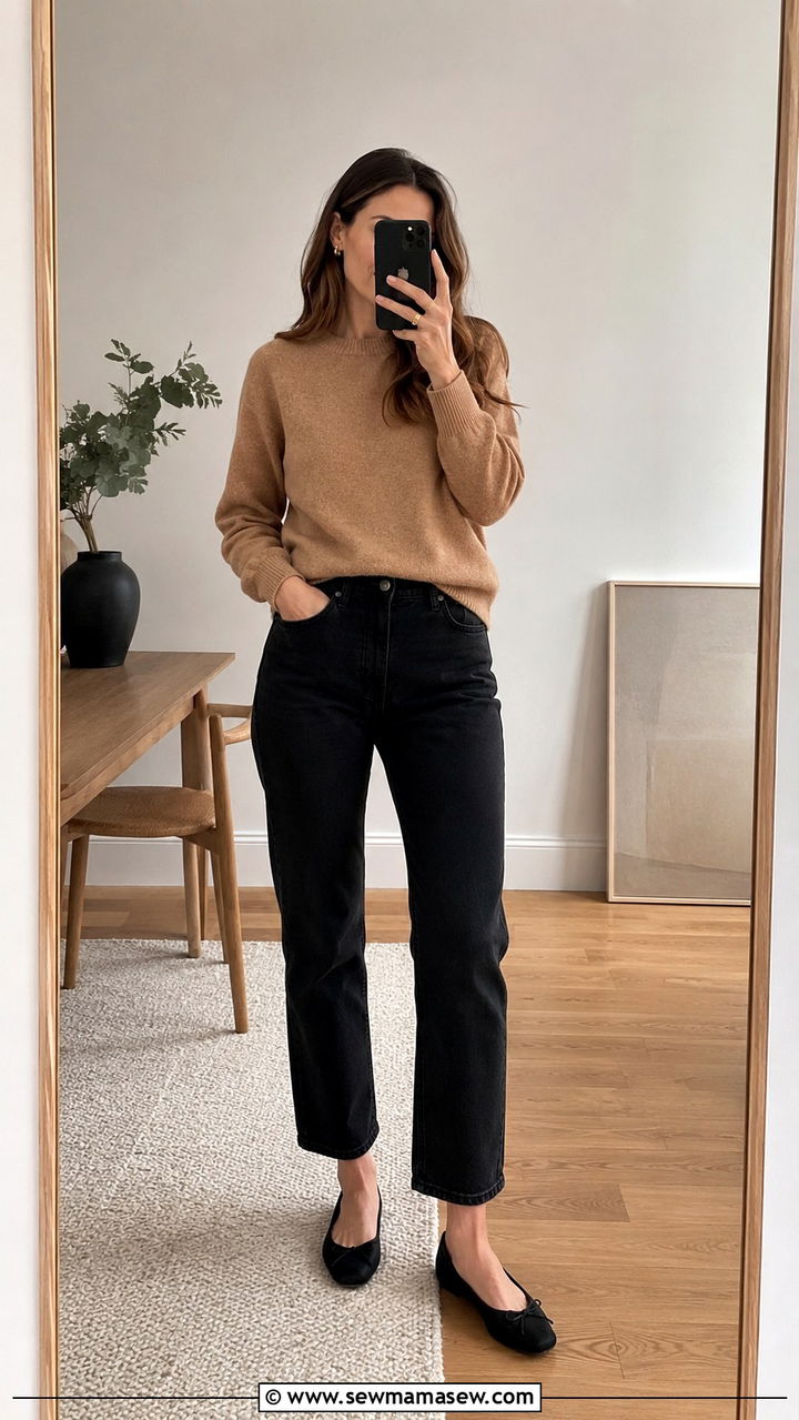 Mom jeans with ballet flats and cashmere sweater - 30 Mom jeans outfit ideas with flats