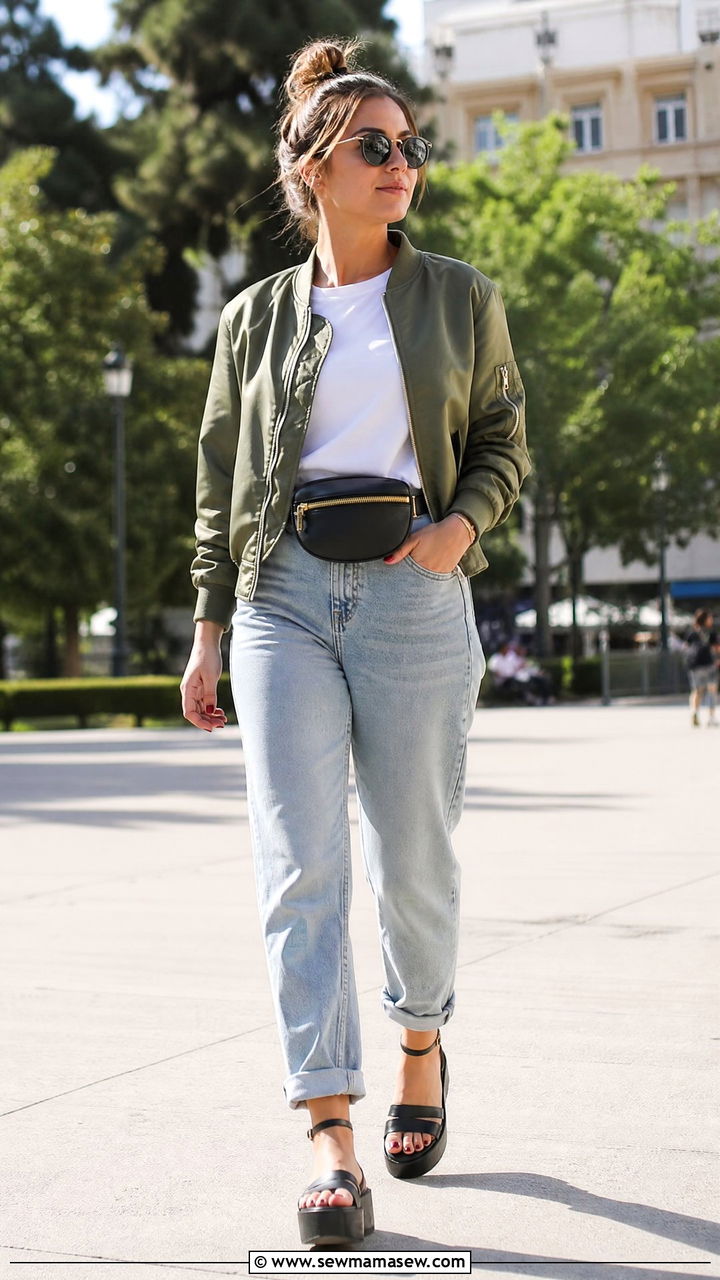 Mom jeans with bomber jacket and platform sandals - 25 How to style mom jeans in spring