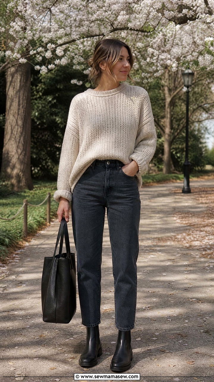 Mom jeans with chunky knit sweater and Chelsea boots - 25 How to style mom jeans in spring