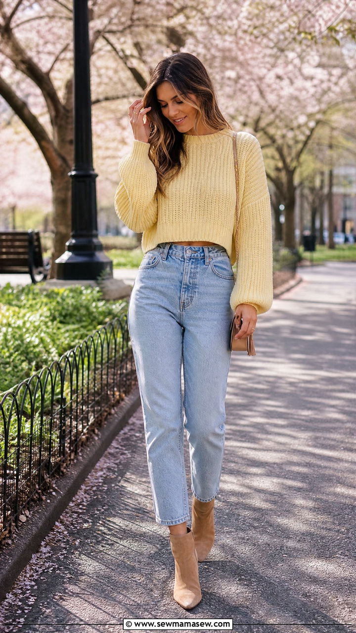 Mom jeans with cropped knit sweater and ankle boots - 25 How to style mom jeans in spring