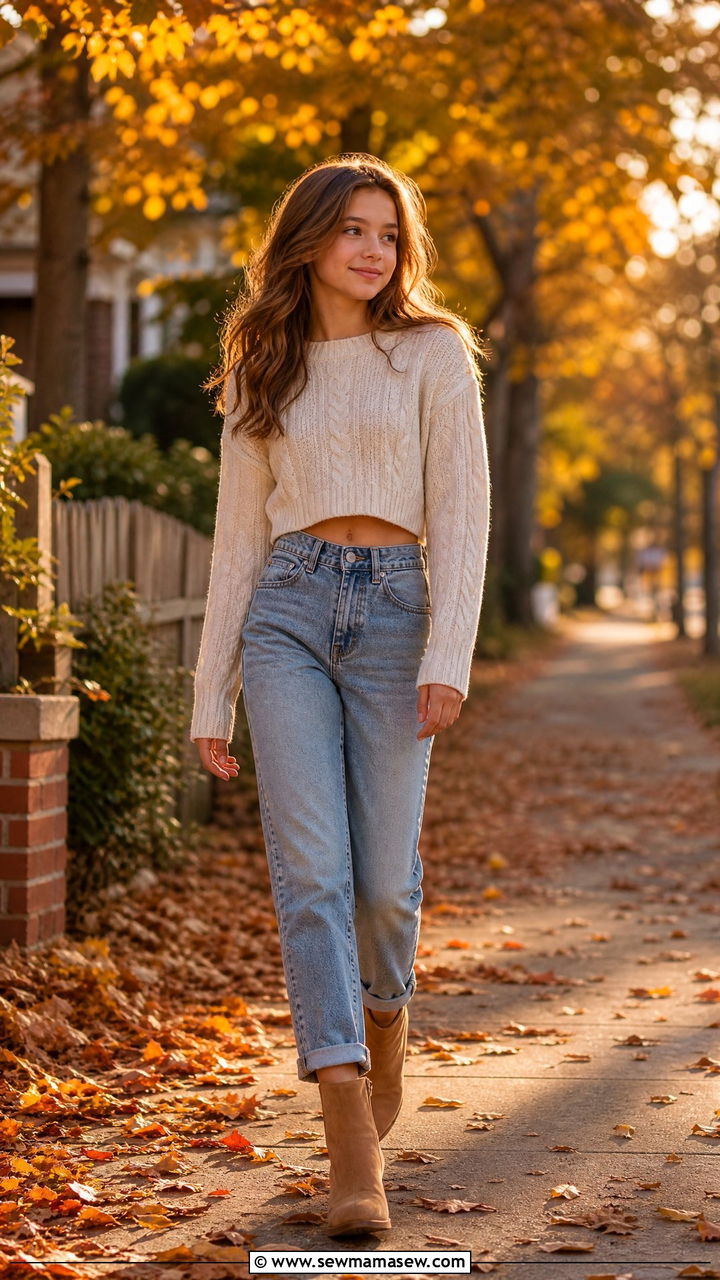Mom jeans with cropped sweater and ankle boots - 25 Tween outfit ideas for 12 year olds