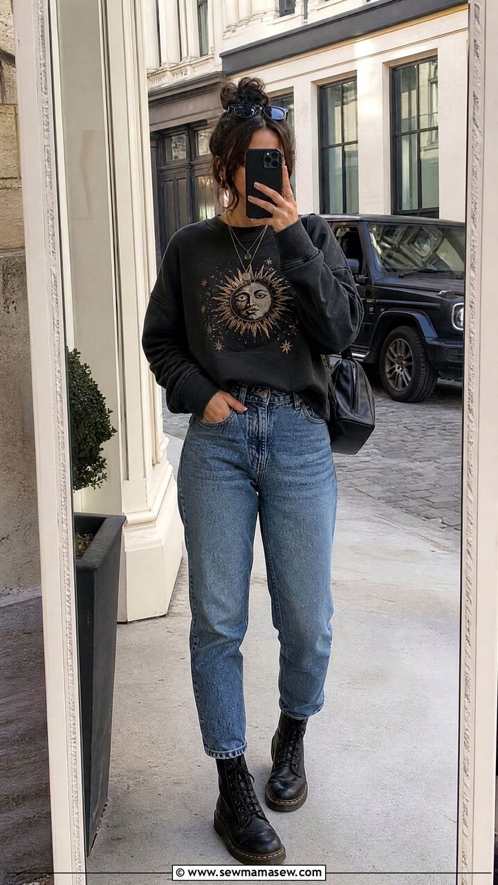 Mom jeans with graphic sweater and combat boots - 25 How to style mom jeans in spring