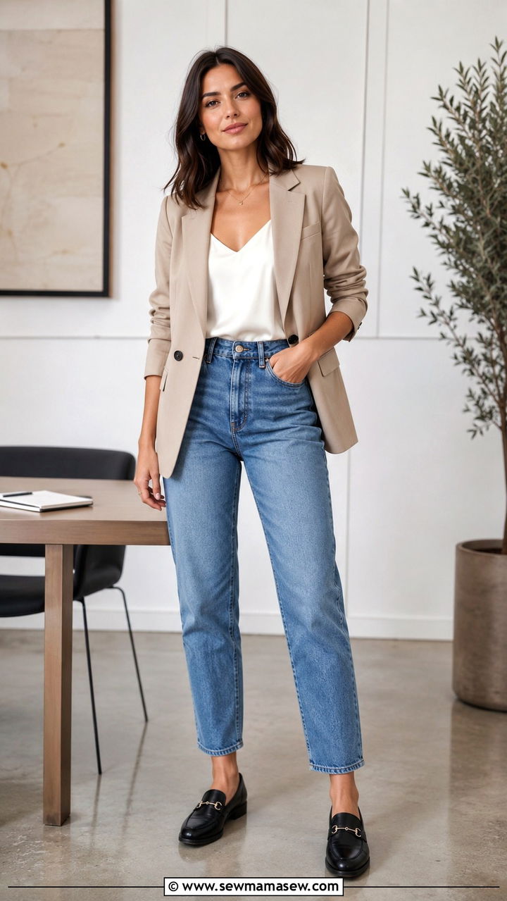 Mom jeans with loafers and blazer - 30 Mom jeans outfit ideas with flats