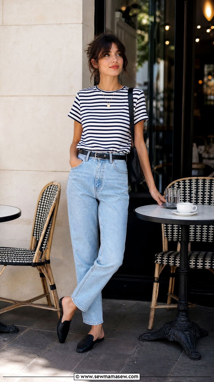 Mom jeans with mules and striped tee - 30 Mom jeans outfit ideas with flats