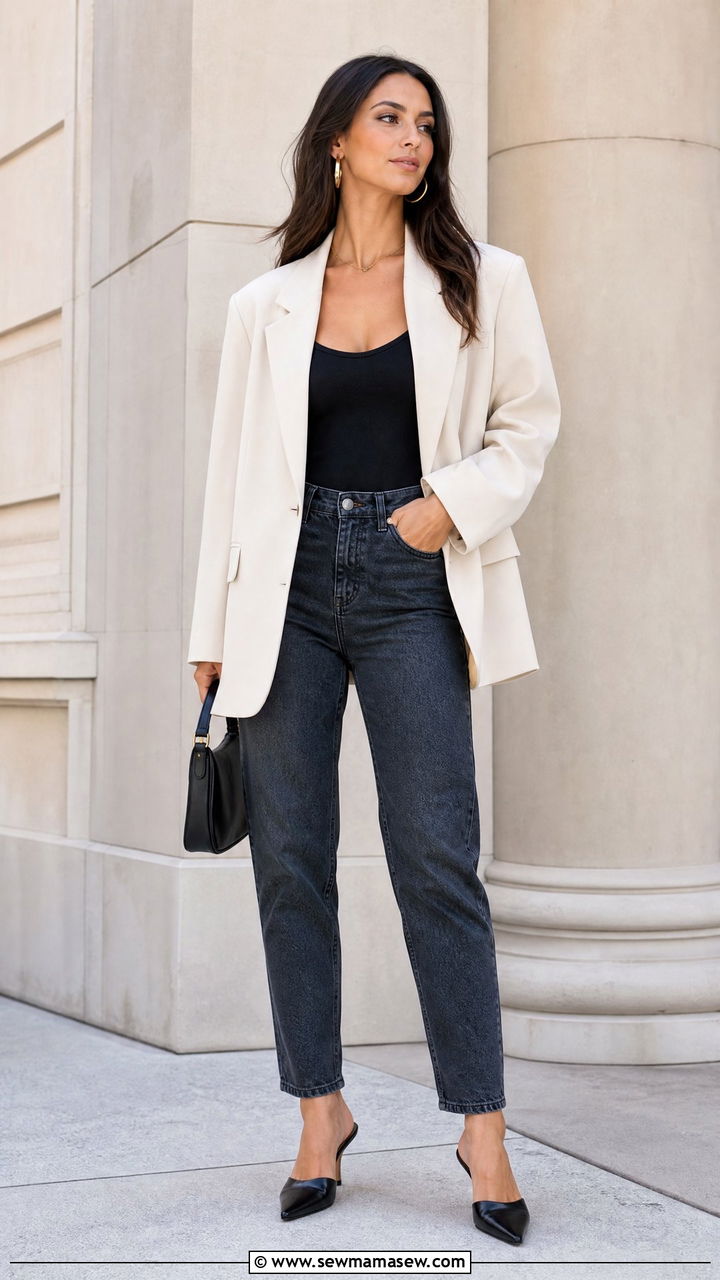 Mom jeans with oversized blazer and bodysuit - 25 How to style mom jeans in spring