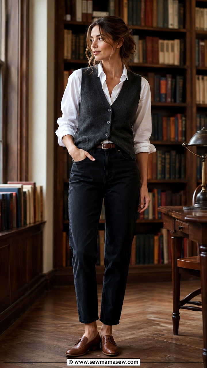 Mom jeans with oxfords and button down shirt - 30 Mom jeans outfit ideas with flats