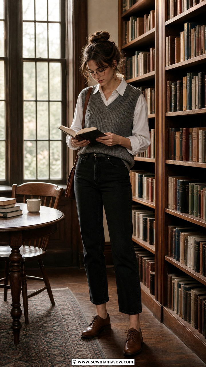 Mom jeans with oxfords and sweater vest - 30 Mom jeans outfit ideas with flats