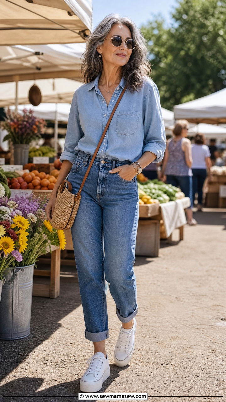 Mom jeans with platform sneakers outfit - 35 Jeans and sneakers outfit ideas over 50