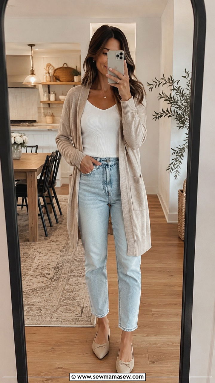 Mom jeans with pointed flats and cardigan - 30 Mom jeans outfit ideas with flats