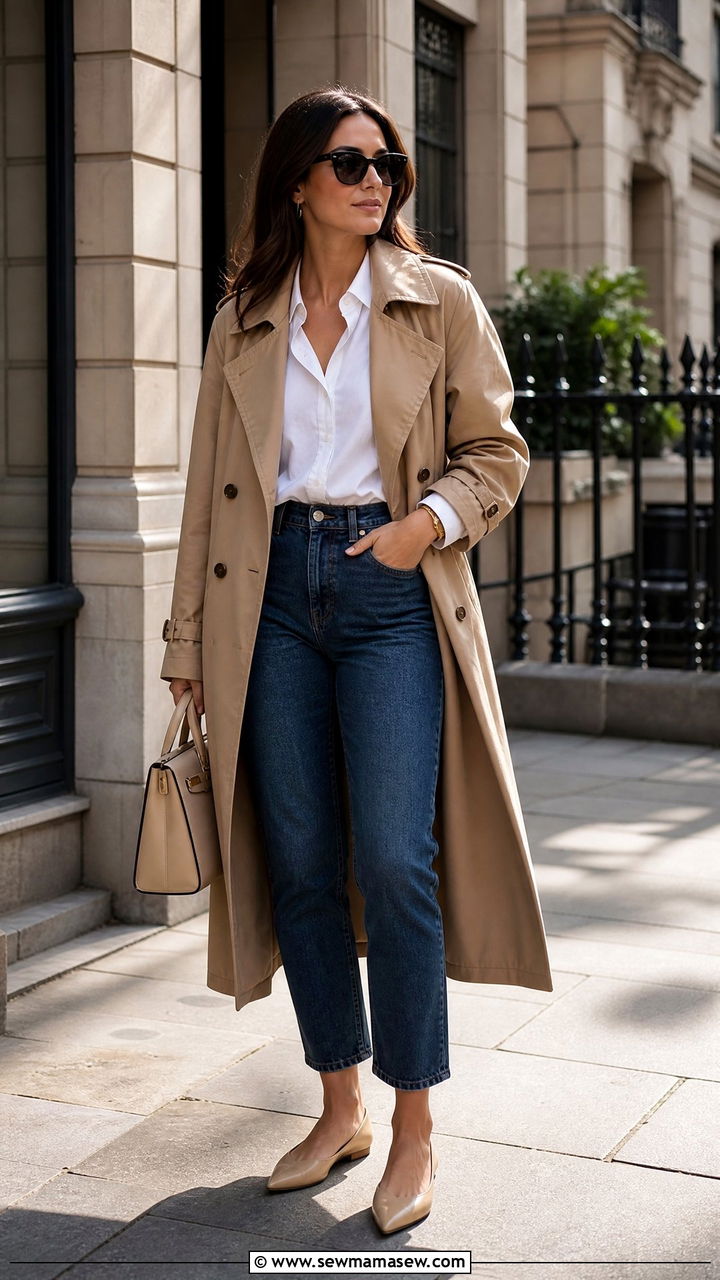 Mom jeans with pointed toe flats and trench coat - 30 Mom jeans outfit ideas with flats