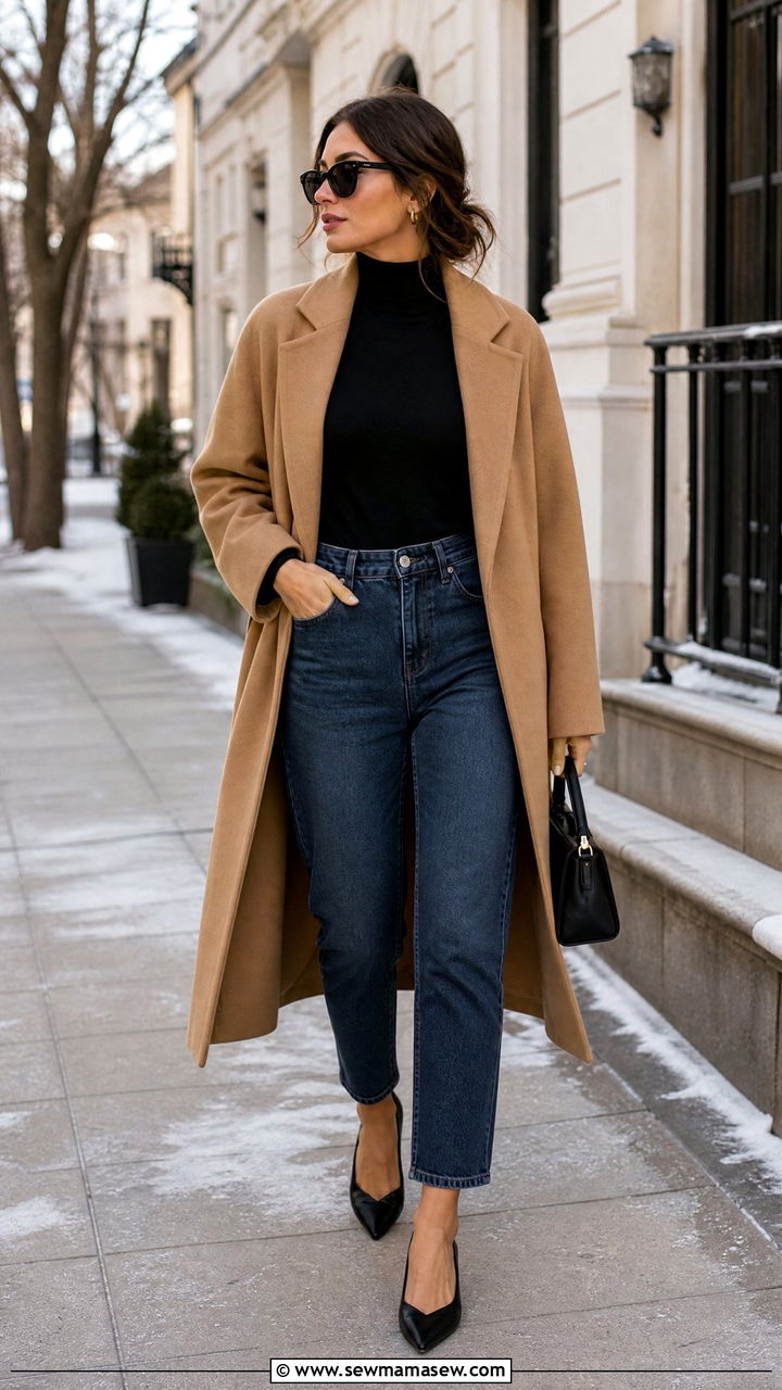 Mom jeans with pointed toe flats and turtleneck - 30 Mom jeans outfit ideas with flats