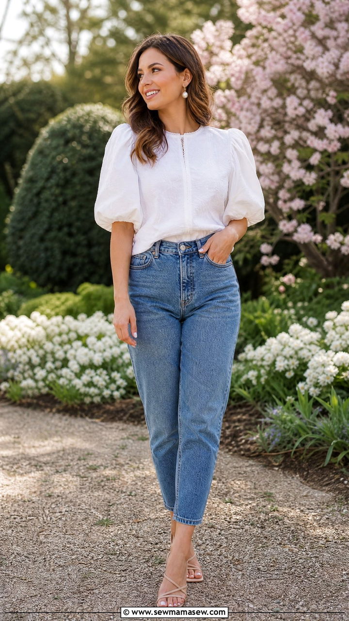 Mom jeans with puff sleeve blouse and strappy heeled sandals - 25 How to style mom jeans in spring