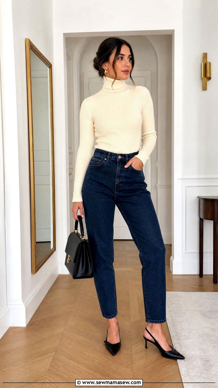 Mom jeans with ribbed turtleneck and slingback heels - 25 How to style mom jeans in spring