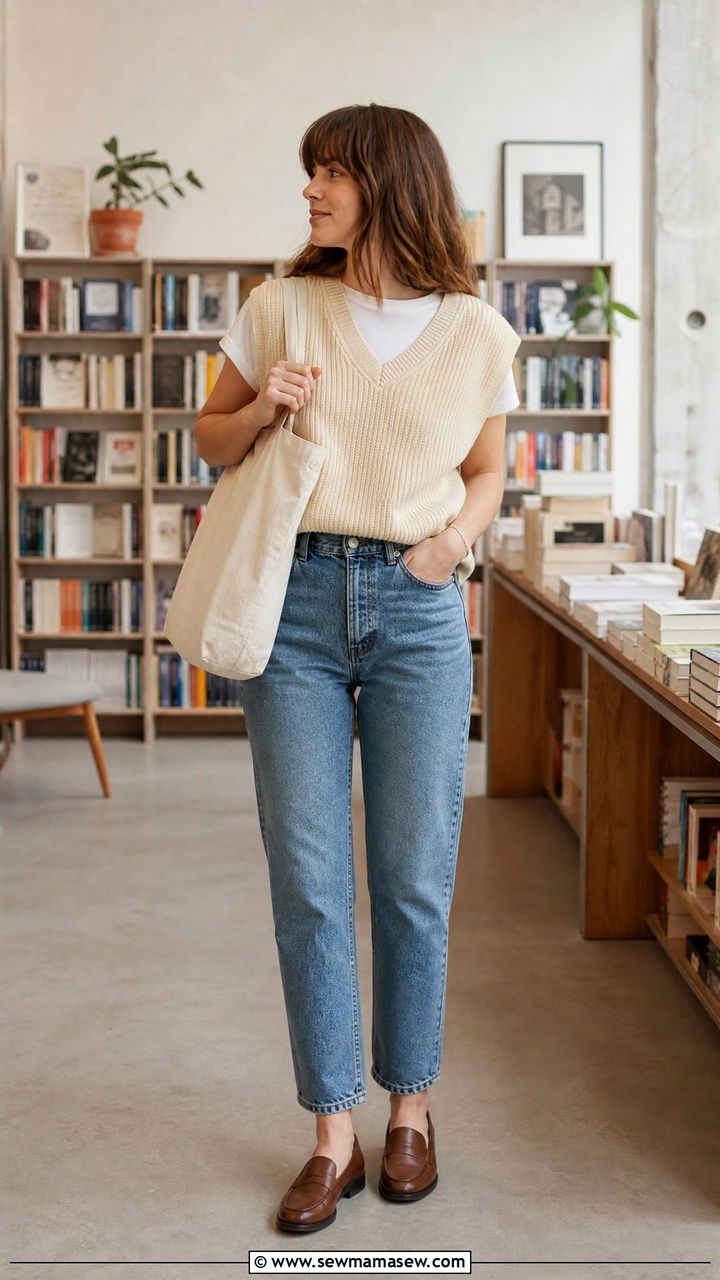Mom jeans with sweater vest and loafers - 25 How to style mom jeans in spring