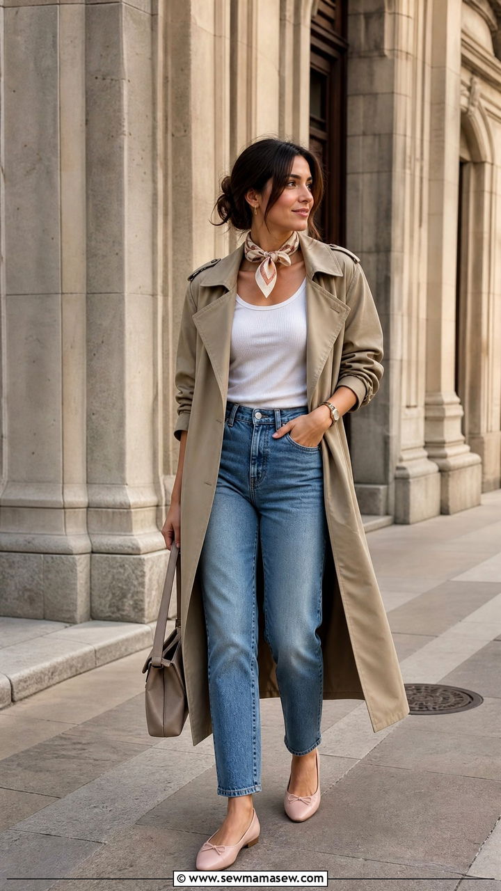 Mom jeans with trench coat and ballet flats - 25 How to style mom jeans in spring