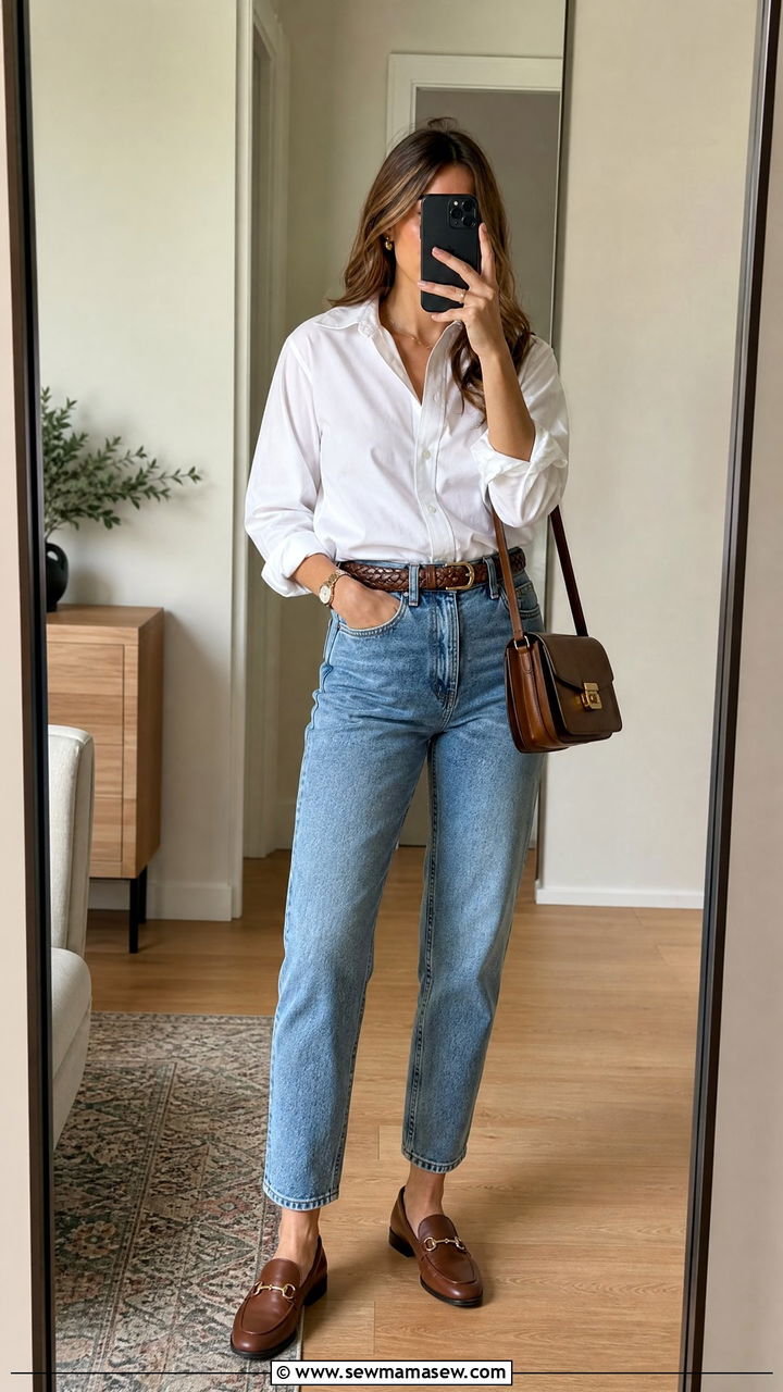 Mom jeans with white button down shirt and loafers - 25 How to style mom jeans in spring