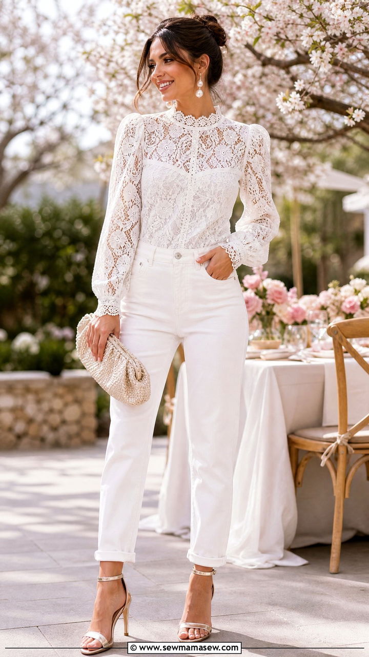 Mom jeans with white lace blouse and heeled sandals - 25 How to style mom jeans in spring