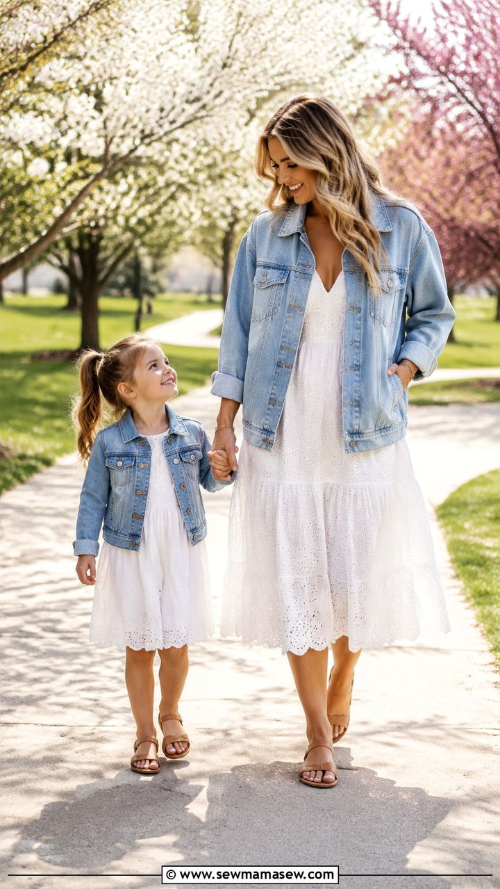 Mommy and Me Denim Jacket and White Dress - 30 Spring mommy and me outfits