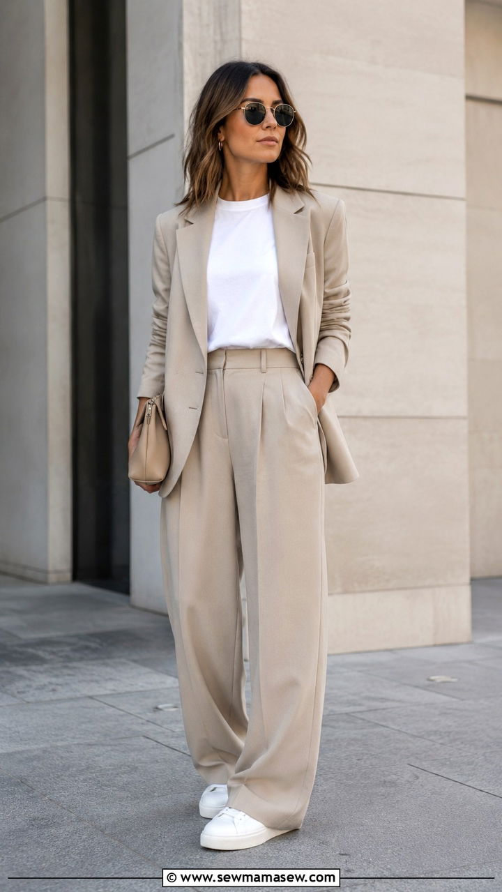 Monochromatic Beige Suit with White Sneakers and a Crossbody Bag - 30 business casual outfits aesthetic