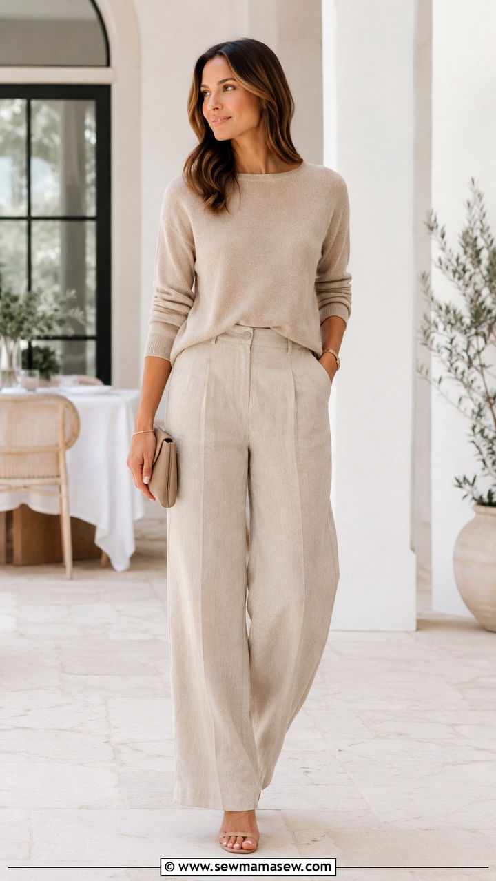 Monochromatic Beige Sweater And Linen Pants - 25 Wide leg linen pants outfit ideas with a sweater