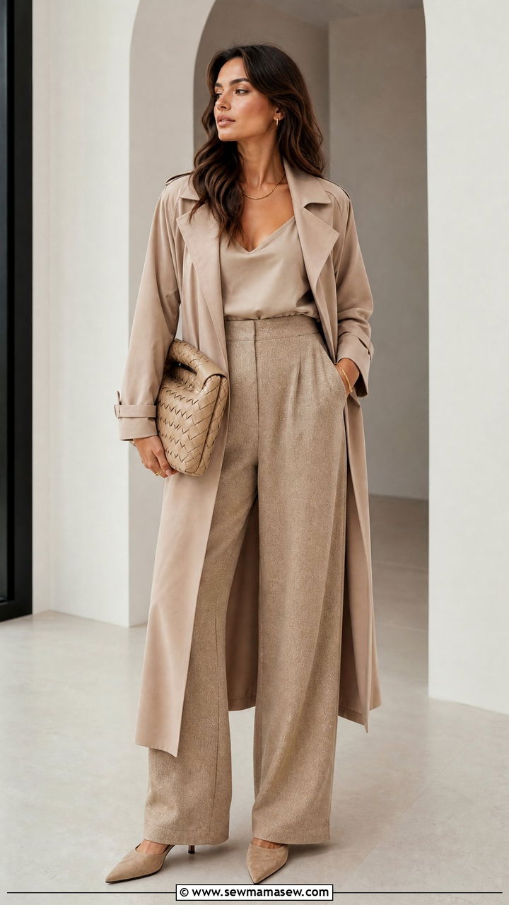 Monochromatic Beige Trench Coat With Beige Wide Leg Pants - 30 Long trench coat outfit ideas with wide leg pants