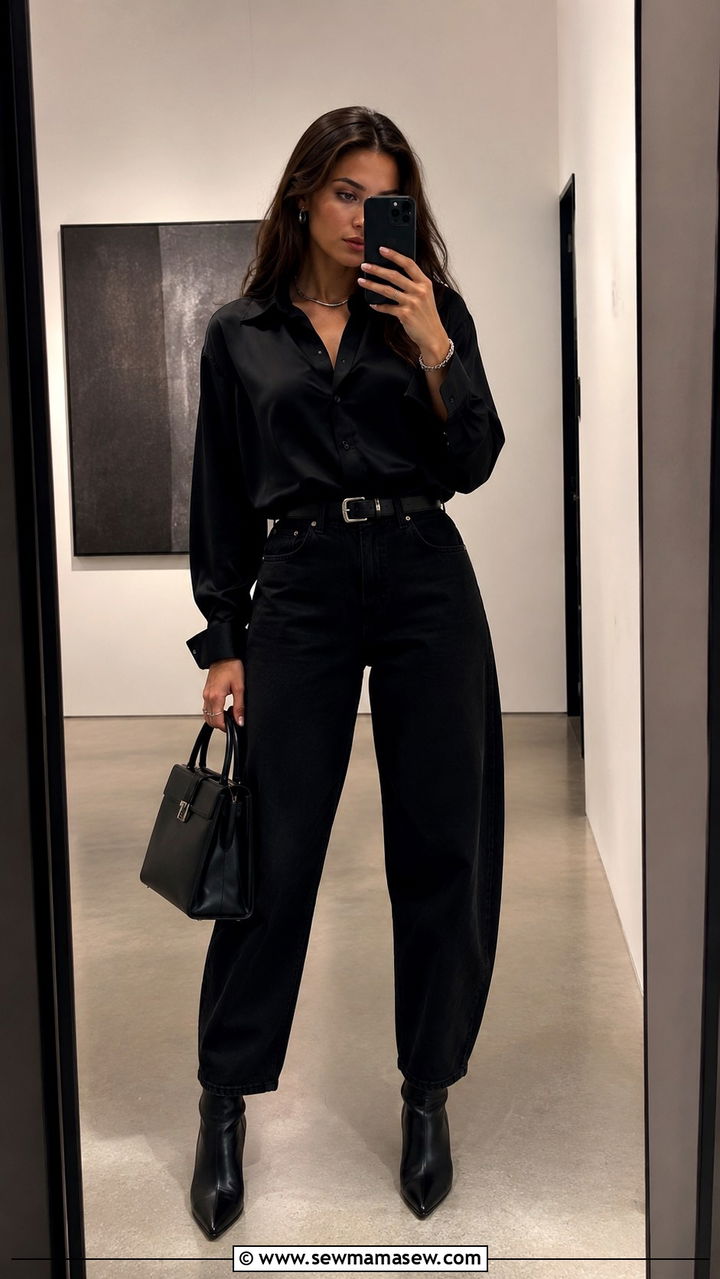 Monochromatic Black Button Down With Black Barrel Jeans and Ankle Boots - 25 Barrel jeans outfit ideas with a button down