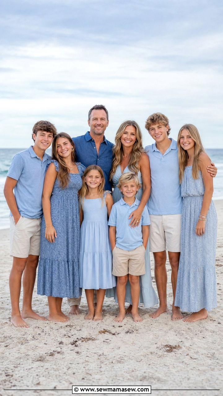 Monochromatic Blue Family Outfit - 25 Family photo outfits for large families
