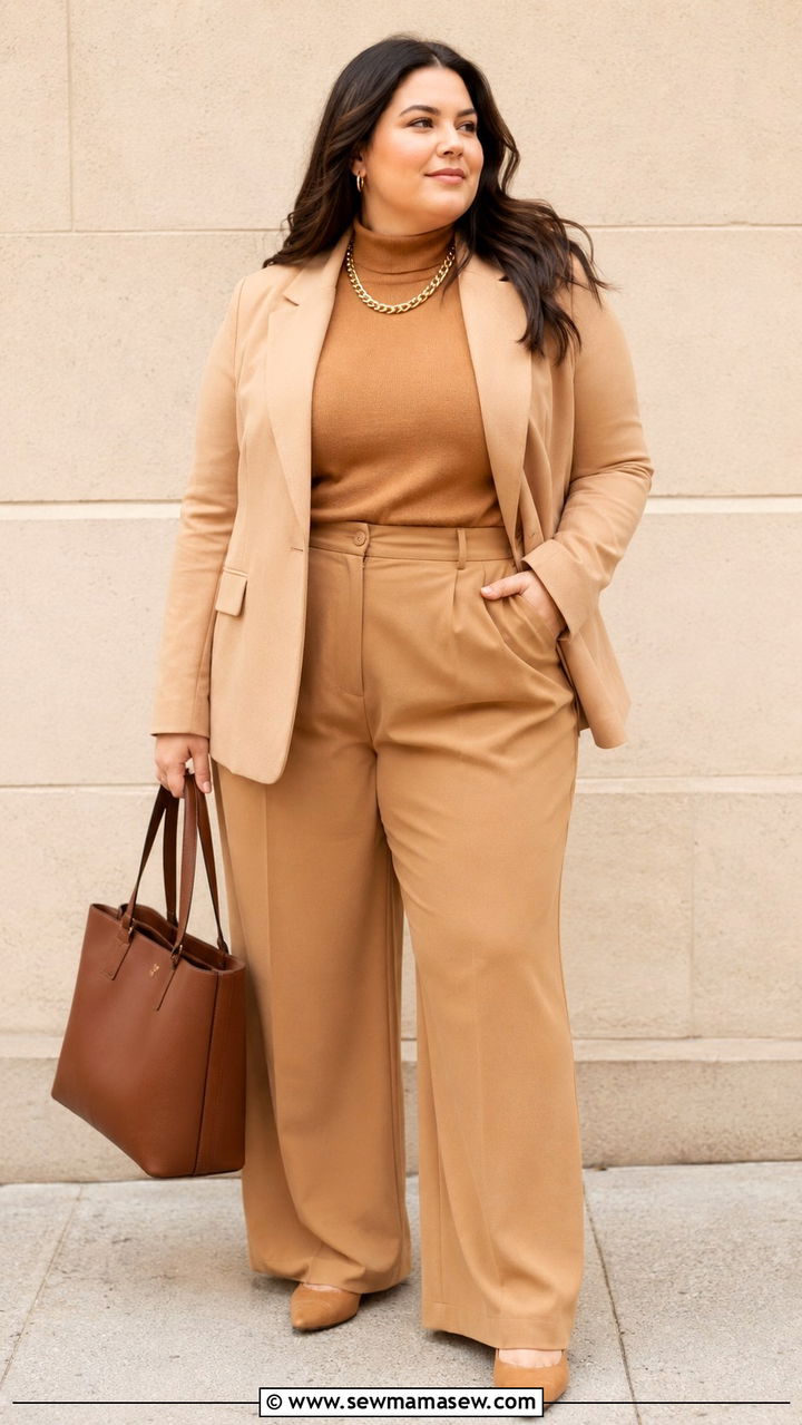 Monochromatic Camel Ensemble - 30 Plus size corporate outfit ideas