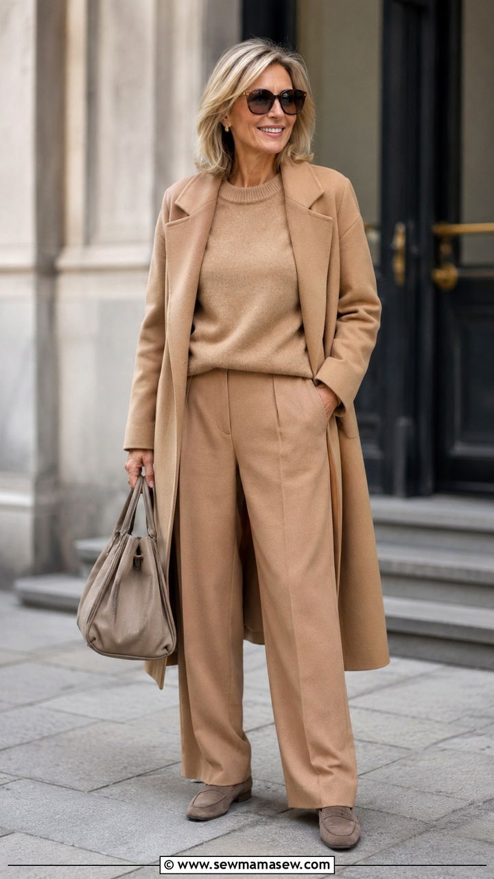 Monochromatic Camel Layers for Over 50 - 30 Chic outfit ideas for women over 50