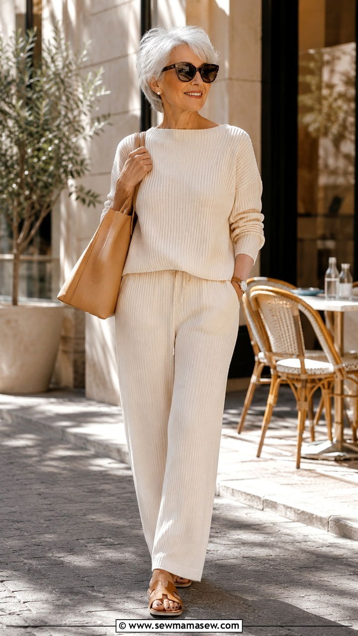 Monochromatic Cream Knit Set - 30 Trendy outfit ideas for women over 60