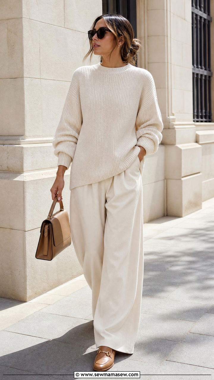 Monochromatic Cream Sweater and Wide Leg Trousers - 25 Laid back spring outfit ideas 2026