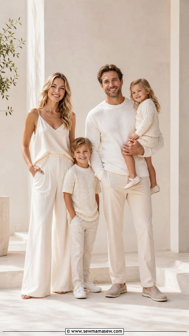 Monochromatic Cream and White Coordinated Family Photo Outfits - 30 summer family photoshoot outfit ideas