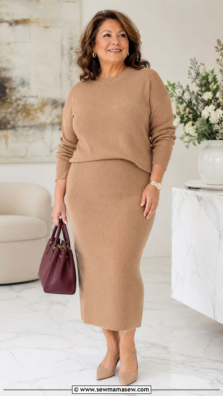 Monochromatic Knit Set Outfit - 30 Plus size outfit ideas for women over 50
