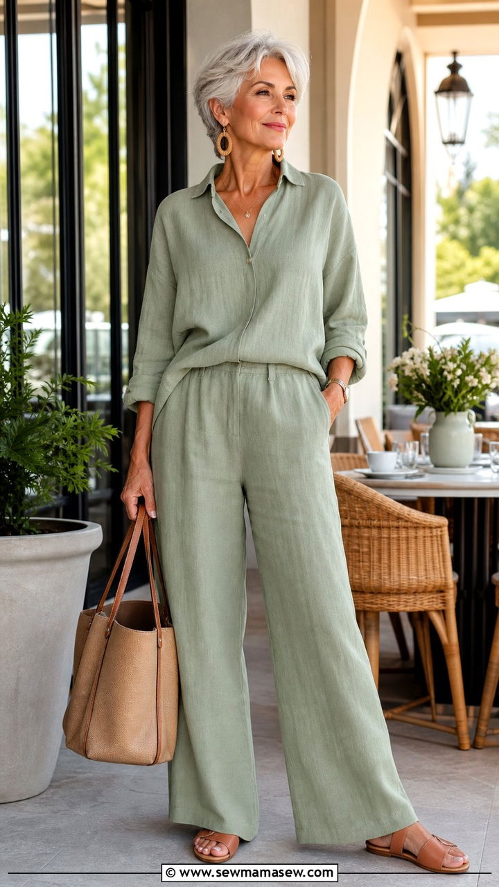 Monochromatic Linen Ensemble With Neutral Accessories - 35 Brunch outfits for women over 60