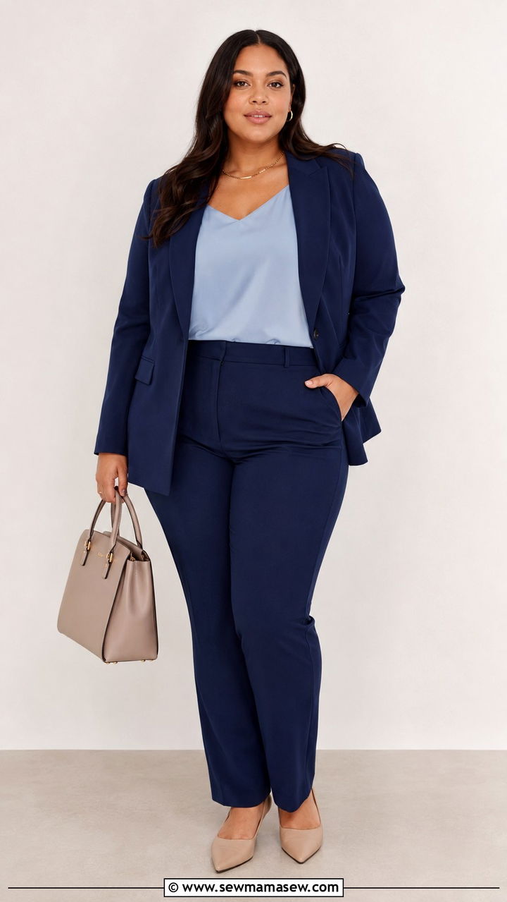Monochromatic Navy Blazer With Navy Trousers and Silk Shell - 30 plus size job interview outfit ideas