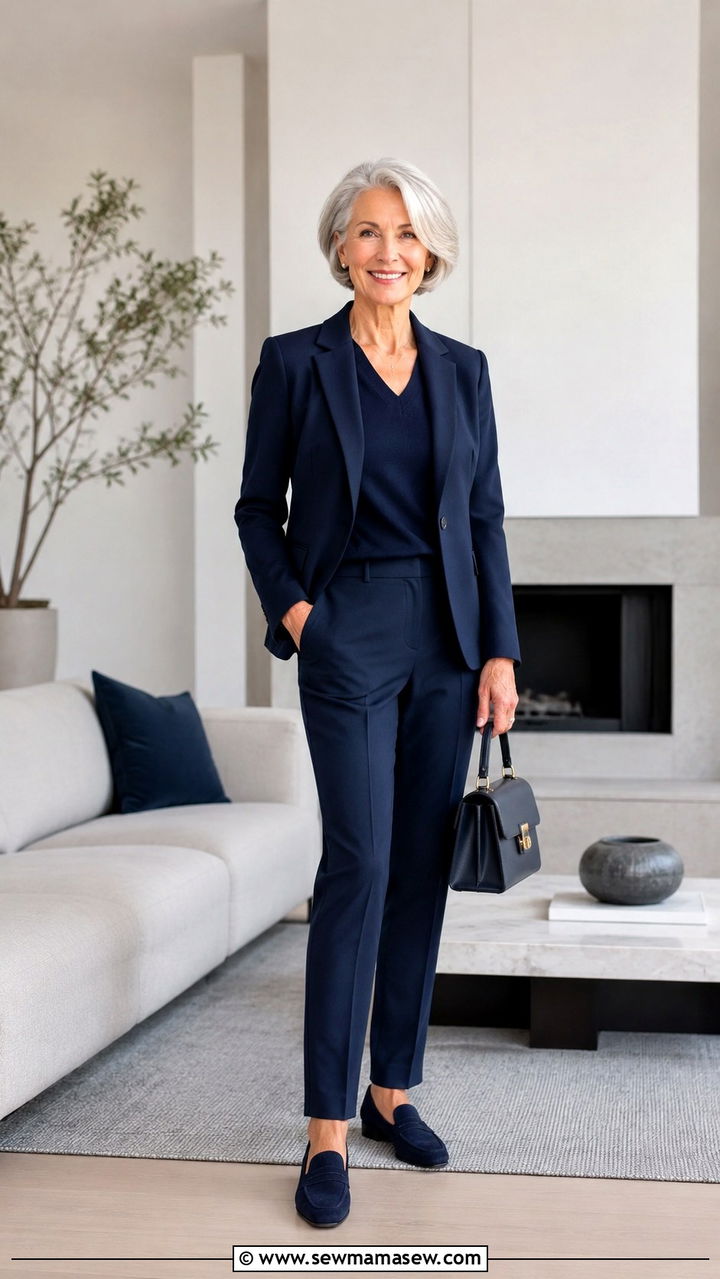Monochromatic Navy Ensemble with Tailored Trousers - 30 Petite outfits for women over 60
