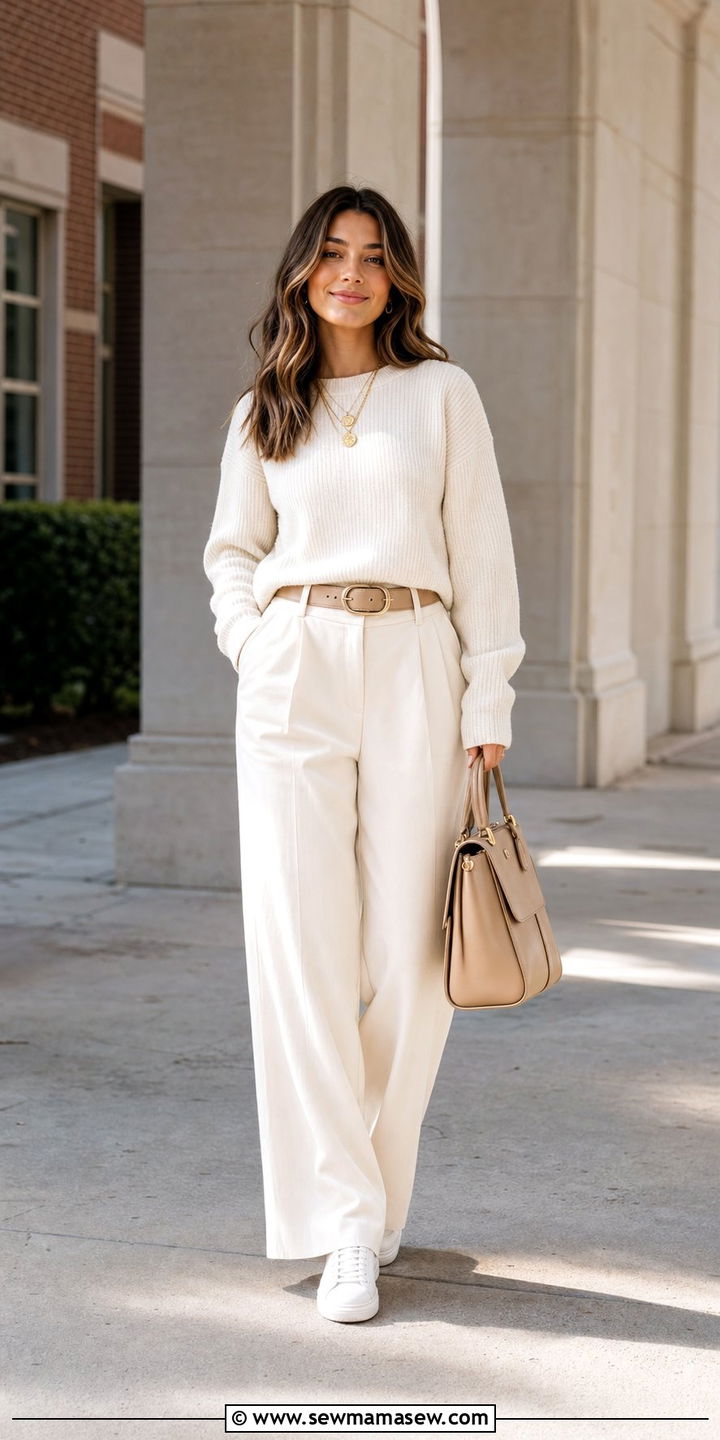 Monochromatic Neutral Outfit with Wide Leg Pants - 25 college outfits Pinterest