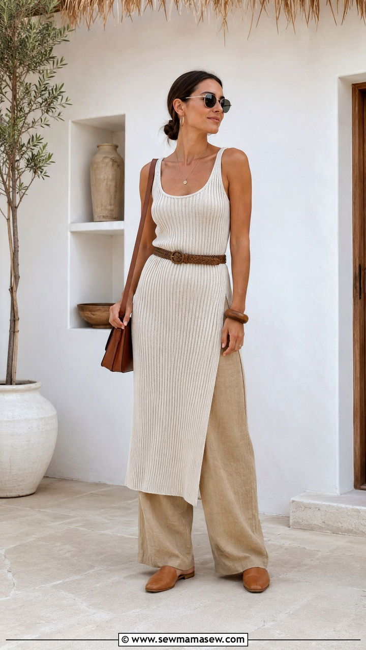 Monochromatic Sand Linen Pants With Tank Dress Layer - 30 Linen pants outfit ideas for beach
