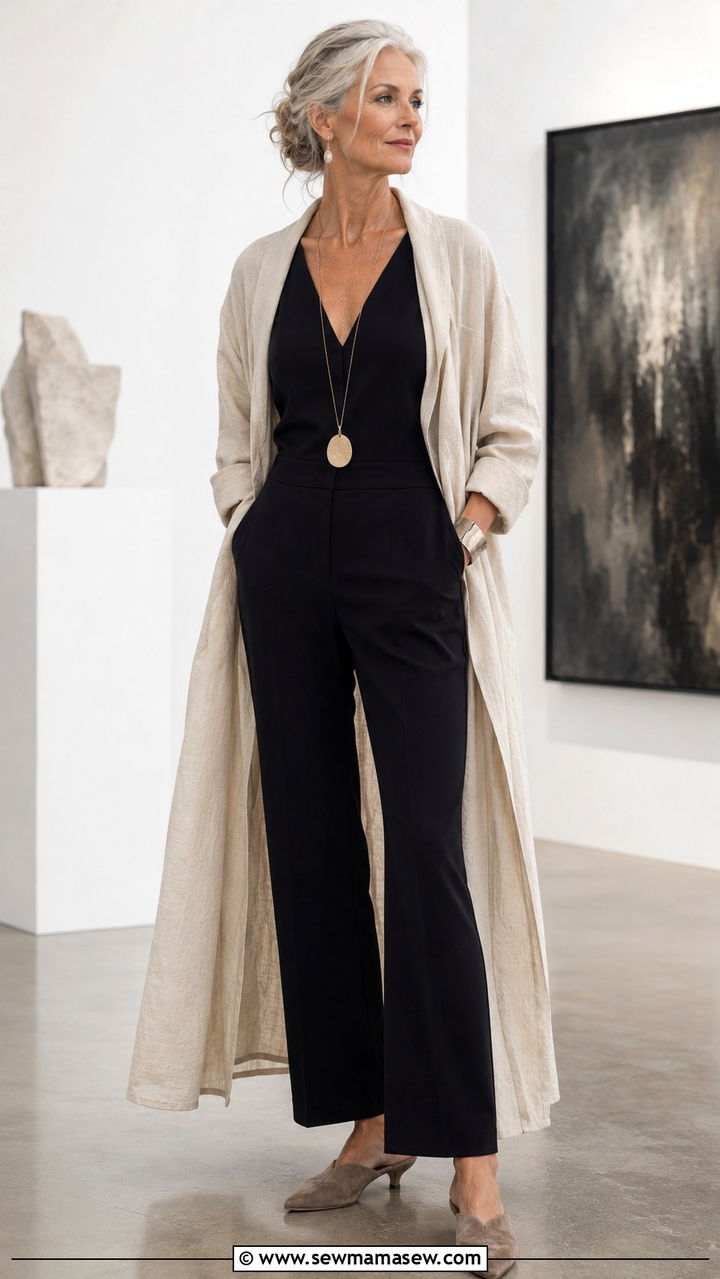 Monochromatic Sweater and Matching Wide Leg Pants - 25 Outfit ideas for apple shape over 40